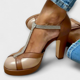 Liesbeth - Barna T-strap magassarkú