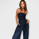 Sandrine - Elegáns sötétkék bandeau overall