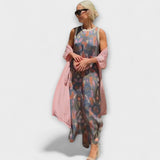 Elveria - Bézs maxikleid passendes Cardigan-nal
