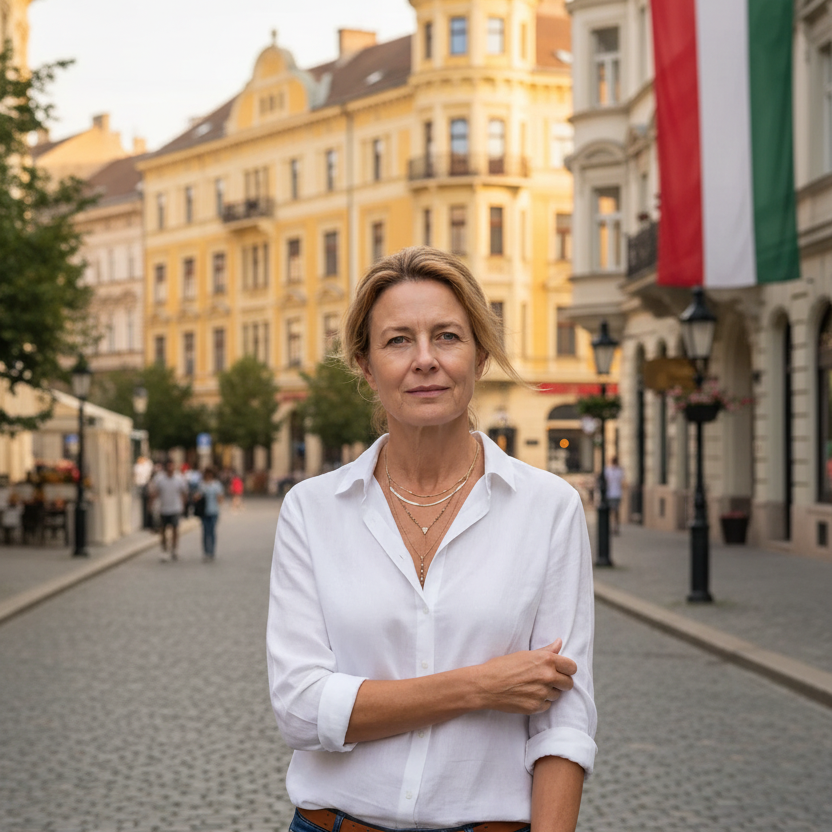 Woman in white shirt in Hungarian city with Hungarian flag